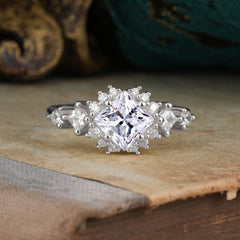 Sparkling Princess Cut Vintage Halo Cluster Moissanite Engagement Ring
