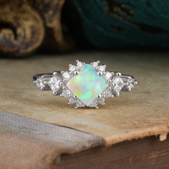 Sparkling Princess Cut Vintage Halo Cluster Opal Engagement Ring