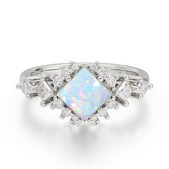 Sparkling Princess Cut Vintage Halo Cluster Opal Engagement Ring