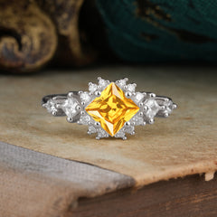 Sparkling Princess Cut Vintage Halo Cluster Citrine Engagement Ring
