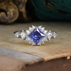 Sparkling Princess Cut Vintage Halo Cluster Tanzanite Engagement Ring