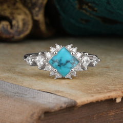 Sparkling Princess Cut Vintage Halo Cluster Turquoise Engagement Ring
