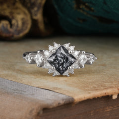 Sparkling Princess Cut Vintage Halo Cluster Black Rutilated Quartz Engagement Ring