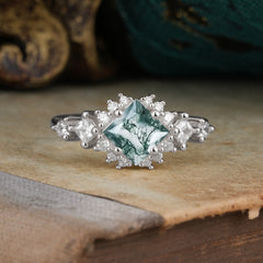 Sparkling Princess Cut Vintage Halo Cluster Moss Agate Engagement Ring