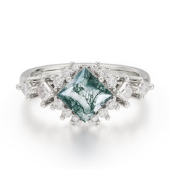 Sparkling Princess Cut Vintage Halo Cluster Moss Agate Engagement Ring