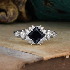 Sparkling Princess Cut Vintage Halo Cluster Black Onyx Engagement Ring