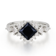 Sparkling Princess Cut Vintage Halo Cluster Black Onyx Engagement Ring