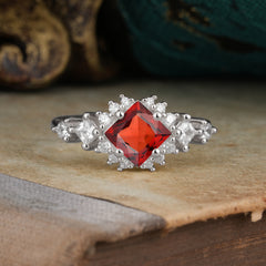 Sparkling Princess Cut Vintage Halo Cluster Garnet Engagement Ring