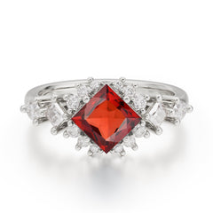 Sparkling Princess Cut Vintage Halo Cluster Garnet Engagement Ring