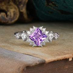 Sparkling Princess Cut Vintage Halo Cluster Amethyst Engagement Ring