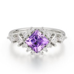 Sparkling Princess Cut Vintage Halo Cluster Amethyst Engagement Ring