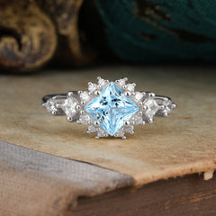 Sparkling Princess Cut Vintage Halo Cluster Aquamarine Engagement Ring