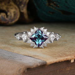 Sparkling Princess Cut Vintage Halo Cluster Alexandrite Engagement Ring