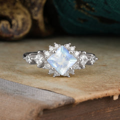 Sparkling Princess Cut Vintage Halo Cluster Moonstone Engagement Ring