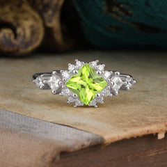Sparkling Princess Cut Vintage Halo Cluster Peridot Engagement Ring