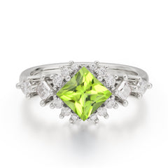Sparkling Princess Cut Vintage Halo Cluster Peridot Engagement Ring