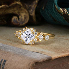 Sparkling Princess Cut Vintage Halo Cluster Moissanite Engagement Ring