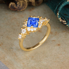Sapphire Engagement Ring | 4 Prong Vintage Style | Sparkling Princess Cut | Sapphire Halo Cluster Ring