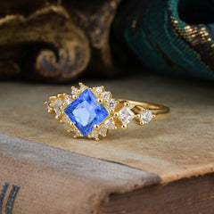 Sapphire Engagement Ring | 4 Prong Vintage Style | Sparkling Princess Cut | Sapphire Halo Cluster Ring