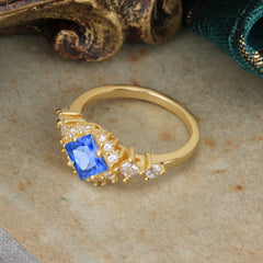 Sapphire Engagement Ring | 4 Prong Vintage Style | Sparkling Princess Cut | Sapphire Halo Cluster Ring