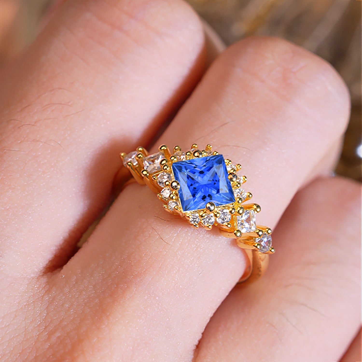 Sapphire Engagement Ring | 4 Prong Vintage Style | Sparkling Princess Cut | Sapphire Halo Cluster Ring