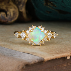 Sparkling Princess Cut Vintage Halo Cluster Opal Engagement Ring