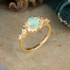 Sparkling Princess Cut Vintage Halo Cluster Opal Engagement Ring