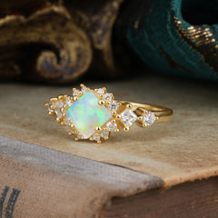 Sparkling Princess Cut Vintage Halo Cluster Opal Engagement Ring