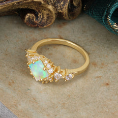 Sparkling Princess Cut Vintage Halo Cluster Opal Engagement Ring