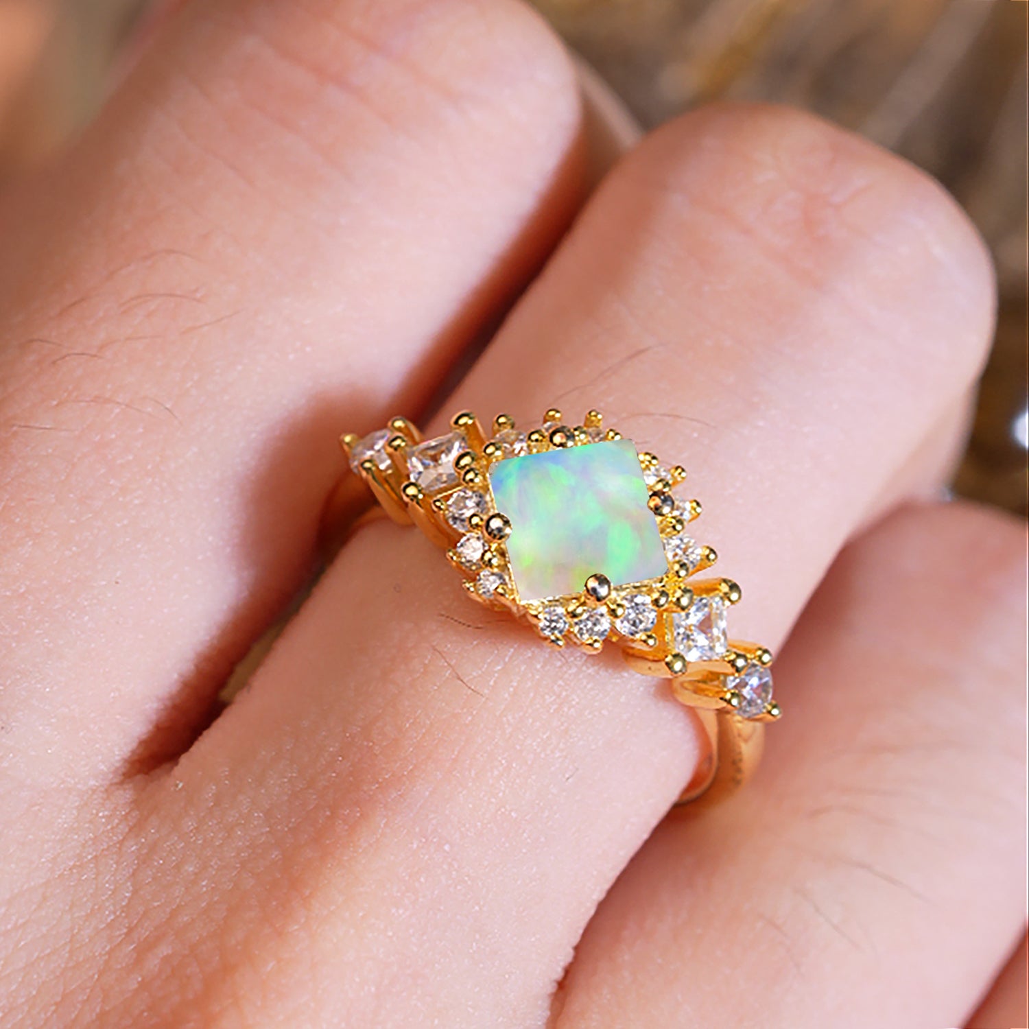 Sparkling Princess Cut Vintage Halo Cluster Opal Engagement Ring