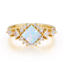 Sparkling Princess Cut Vintage Halo Cluster Opal Engagement Ring