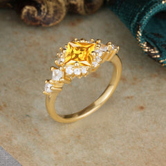 Sparkling Princess Cut Vintage Halo Cluster Citrine Engagement Ring
