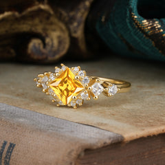 Sparkling Princess Cut Vintage Halo Cluster Citrine Engagement Ring