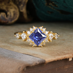 Sparkling Princess Cut Vintage Halo Cluster Tanzanite Engagement Ring