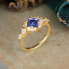 Sparkling Princess Cut Vintage Halo Cluster Tanzanite Engagement Ring