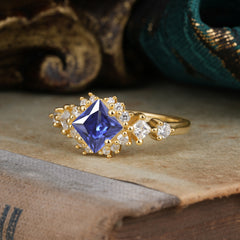 Sparkling Princess Cut Vintage Halo Cluster Tanzanite Engagement Ring