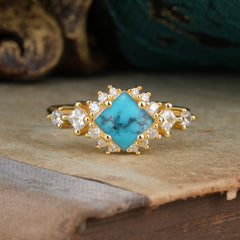 Sparkling Princess Cut Vintage Halo Cluster Turquoise Engagement Ring