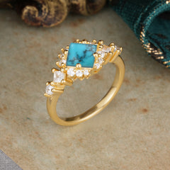 Sparkling Princess Cut Vintage Halo Cluster Turquoise Engagement Ring