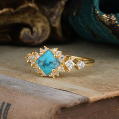 Sparkling Princess Cut Vintage Halo Cluster Turquoise Engagement Ring