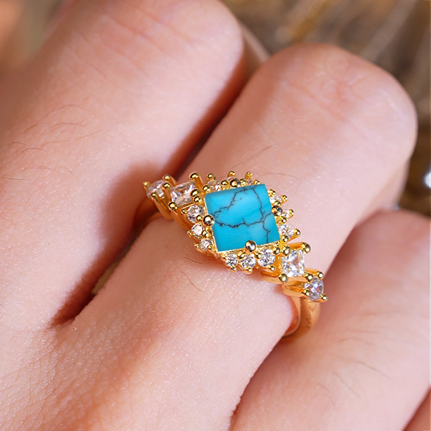 Sparkling Princess Cut Vintage Halo Cluster Turquoise Engagement Ring