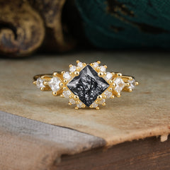 Sparkling Princess Cut Vintage Halo Cluster Black Rutilated Quartz Engagement Ring