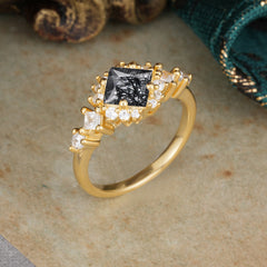 Sparkling Princess Cut Vintage Halo Cluster Black Rutilated Quartz Engagement Ring