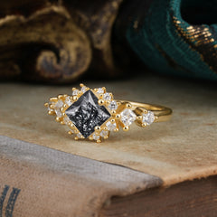 Sparkling Princess Cut Vintage Halo Cluster Black Rutilated Quartz Engagement Ring