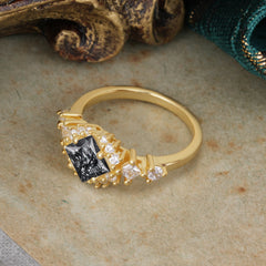 Sparkling Princess Cut Vintage Halo Cluster Black Rutilated Quartz Engagement Ring