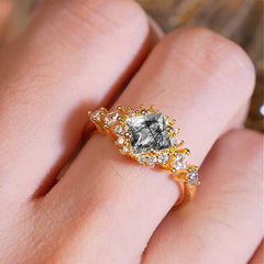 Sparkling Princess Cut Vintage Halo Cluster Black Rutilated Quartz Engagement Ring