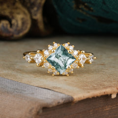 Sparkling Princess Cut Vintage Halo Cluster Moss Agate Engagement Ring