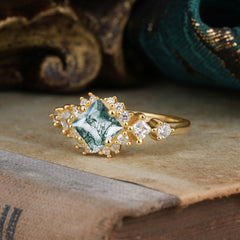 Sparkling Princess Cut Vintage Halo Cluster Moss Agate Engagement Ring