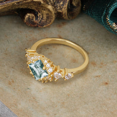 Sparkling Princess Cut Vintage Halo Cluster Moss Agate Engagement Ring