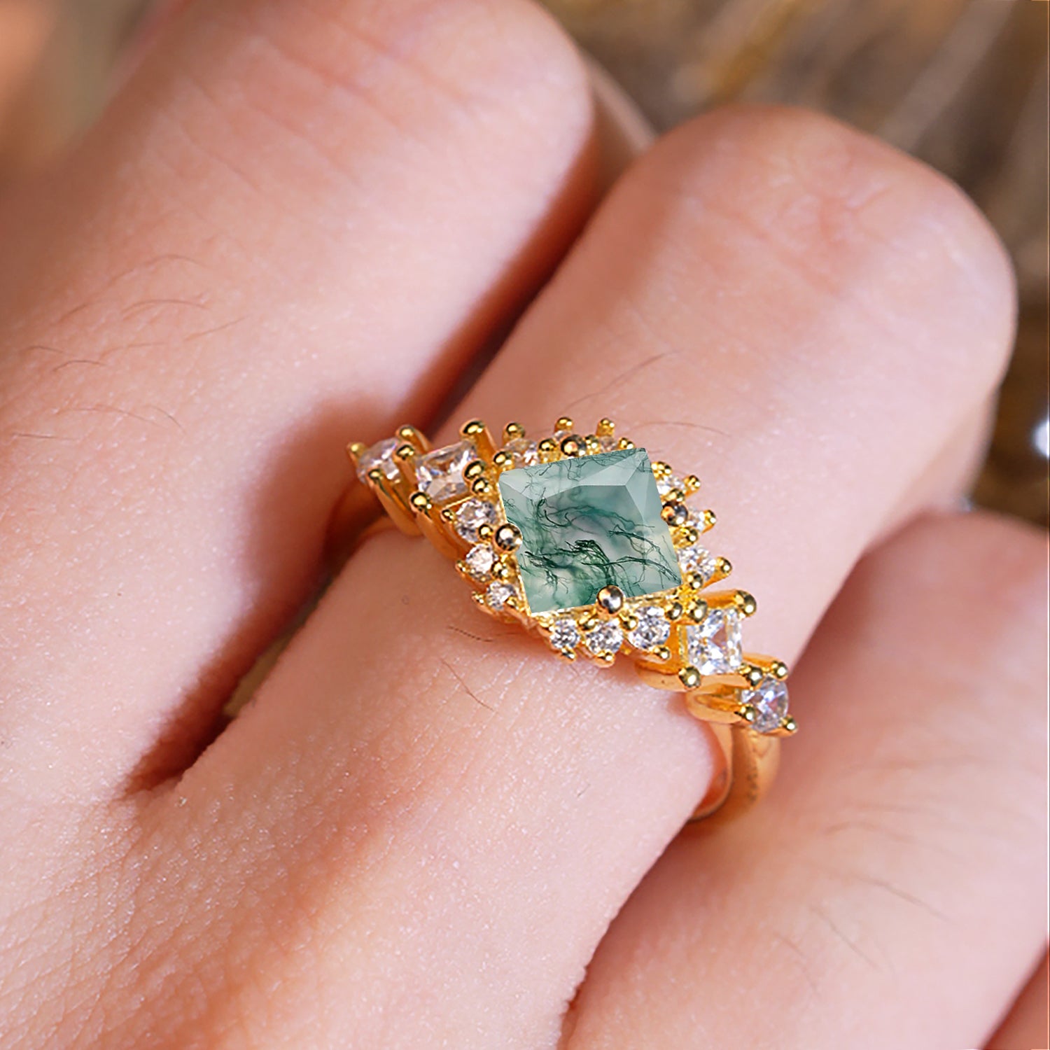 Sparkling Princess Cut Vintage Halo Cluster Moss Agate Engagement Ring