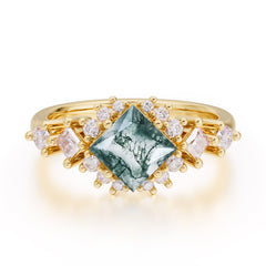 Sparkling Princess Cut Vintage Halo Cluster Moss Agate Engagement Ring